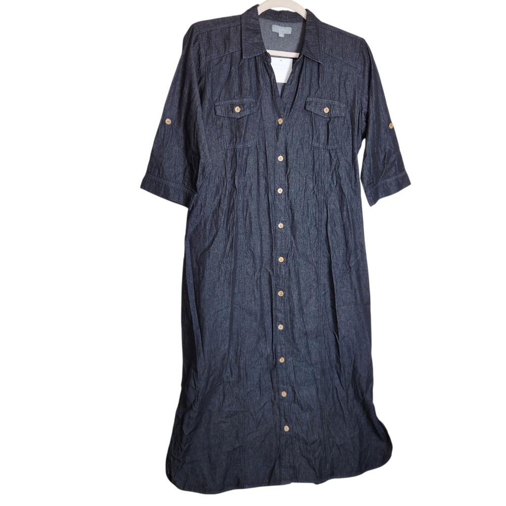 J. GEE Womens Black Denim Shirt Dress 2X Cotton Button Down Midi Roll Tab 43266X